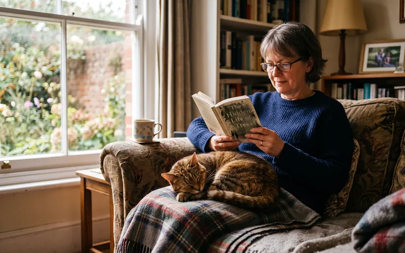 Cat owner reading on a sofa with a cat asleep on their lap