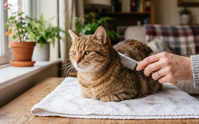 Cat being combed with a fine flea comb to check that Advantage flea treatment for cats is working