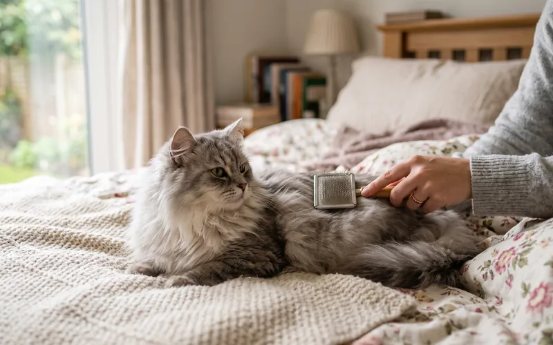 Long-haired cat being brushed on a bed after Advocate for cats treatment