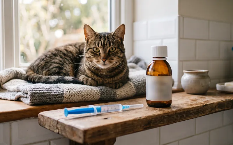 Medicine bottle and syringe of antibiotics for cats on a bathroom shelf