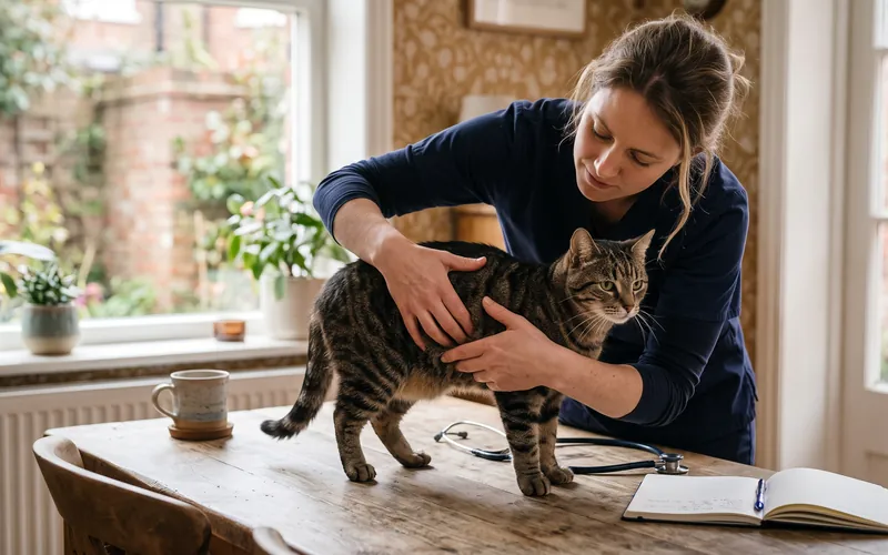 Owner feeling a cat's ribs to check body condition and ideal cat weight