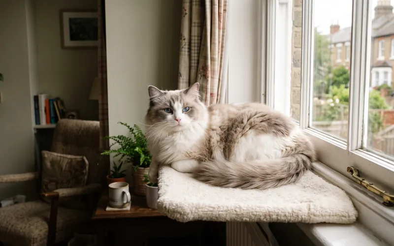 Ragdoll cat relaxing on a window perch inside a flat, one of the best indoor cat breeds