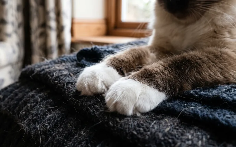 Close-up of a Birman cat's white-gloved paws on a knitted blanket, a gentle indoor cat breed