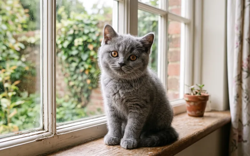 Grey British Shorthair kitten sitting on a windowsill, a calm indoor cat breed