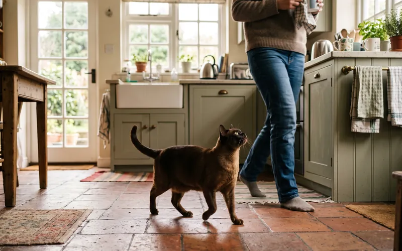 Brown Burmese cat following its owner around the kitchen, an affectionate indoor cat breed