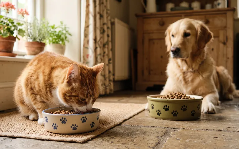 Separate cat and dog bowls, since cats can't eat dog food long term