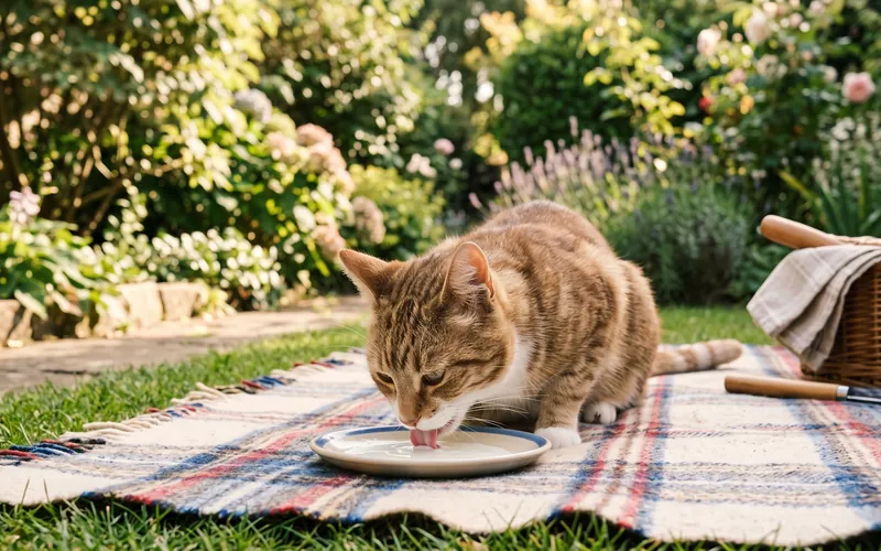 Cat licking from a small saucer at a summer picnic, though cats shouldn't eat ice cream