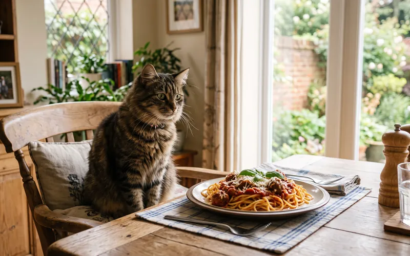 Cat at a dinner table next to spaghetti: cats can eat pasta plain, but not with sauce