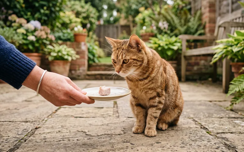 Small piece of plain cooked pork on a saucer, the safe way cats can eat pork