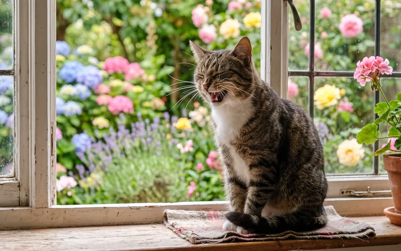 Cat sneezing on a windowsill with flowers outside, a sign cats can get hay fever Cat sneezing on a windowsill with flowers outside, a sign cats can get hay fever