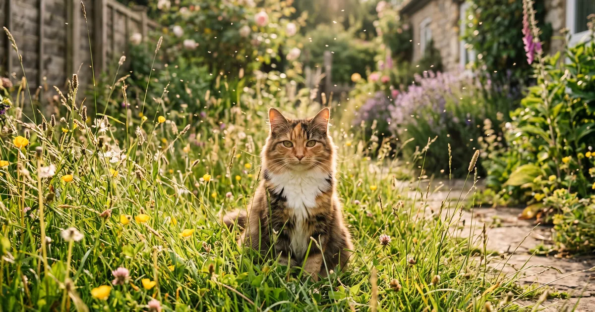 Cat sitting in long summer grass with pollen in the air, showing how cats can get hayfever Cat sitting in long summer grass with pollen in the air, showing how cats can get hayfever