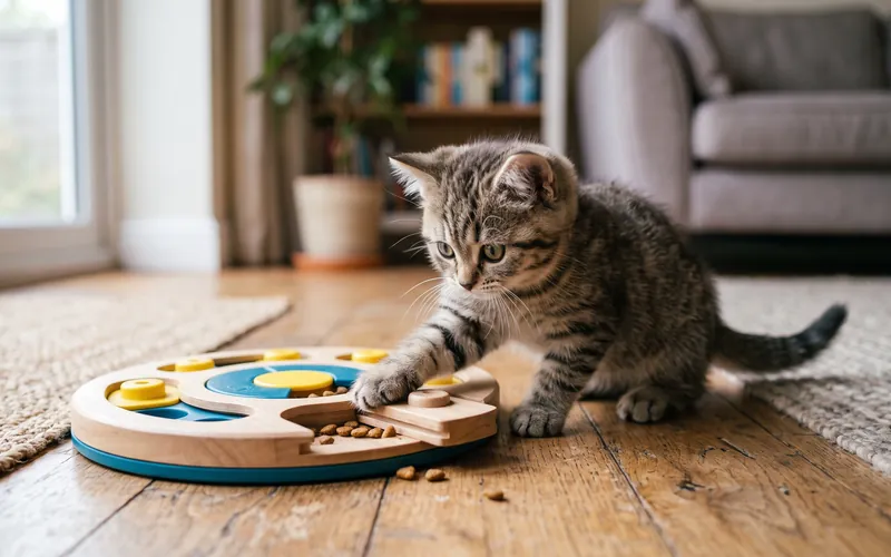 Kitten playing with a puzzle feeder, a way to help cats with ADHD-like energy