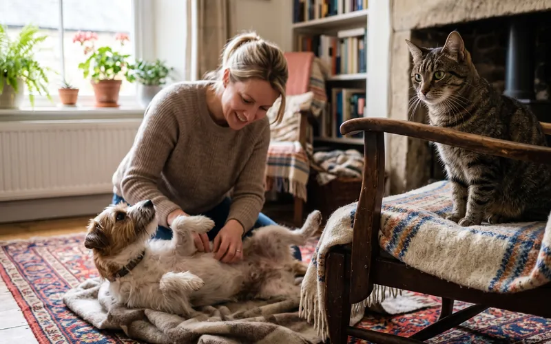 Owner checking a dog's belly for fleas because dogs can get cat fleas from the family cat
