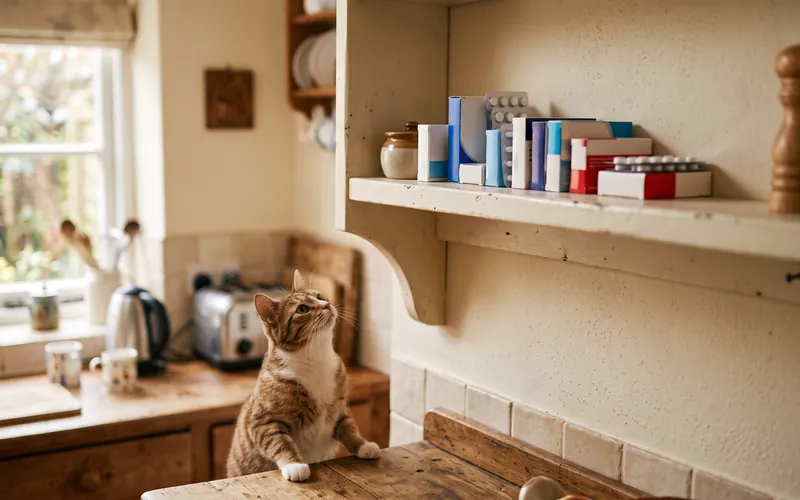 Household painkiller packets kept on a high shelf, since you can't give cats paracetamol