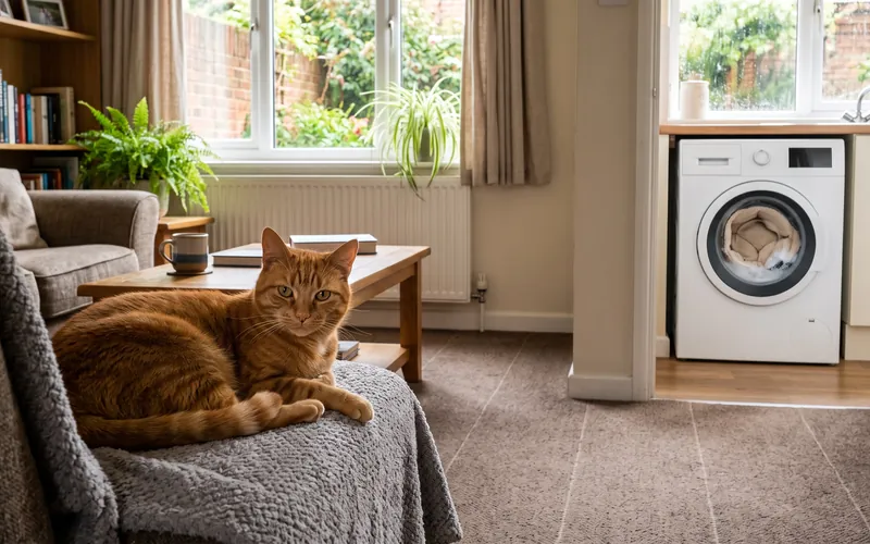 Freshly vacuumed living room with a cat bed being washed alongside Capstar for cats treatment
