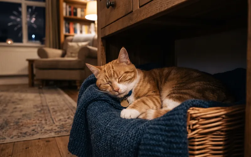 Cat relaxing in a covered hiding spot during fireworks, helped by cat calming products