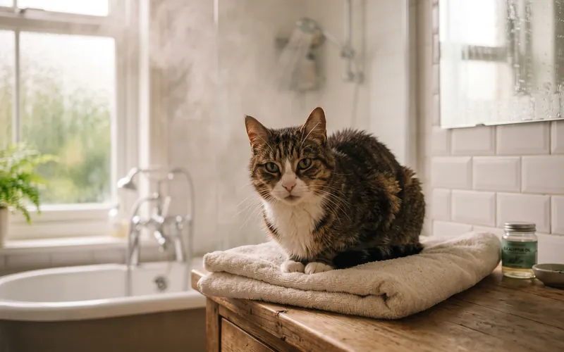 Cat sitting in a steamy bathroom to ease cat cold symptoms and a blocked nose