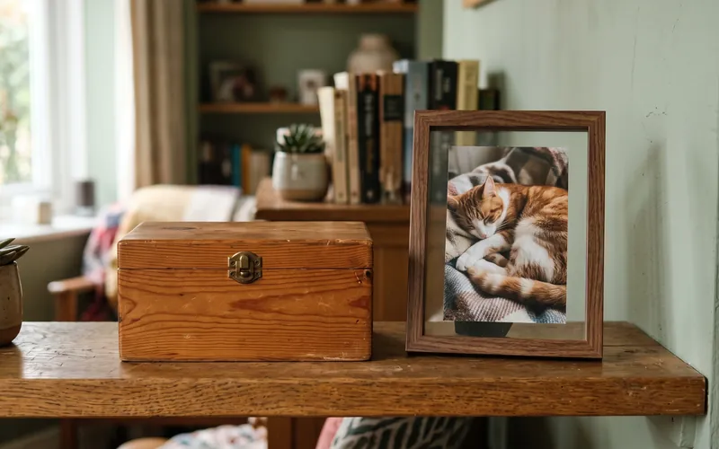 Wooden keepsake box and framed photo, included in some individual cat cremation cost packages