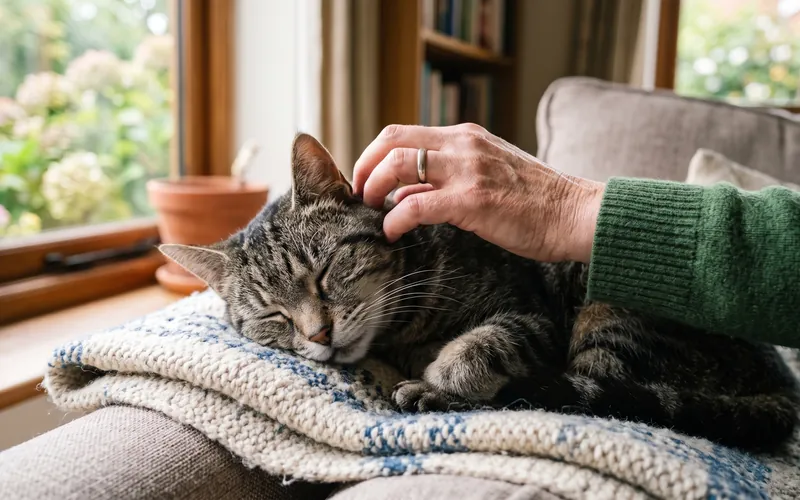 Owner gently stroking a sleeping senior cat while thinking about cat euthanasia