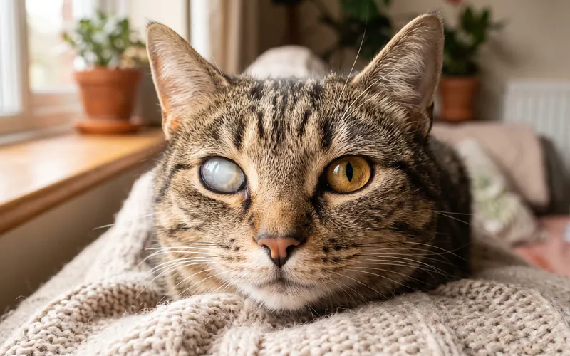 Healthy clear cat eye next to a cloudy eye, two common cat eye problems compared
