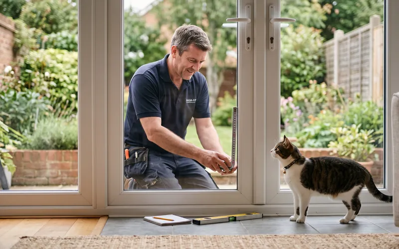 Fitter measuring a glass door panel for cat flap installation