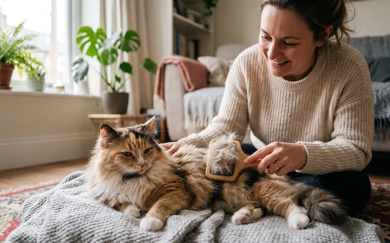 Owner brushing a long-haired cat, one of the best cat hairball remedies