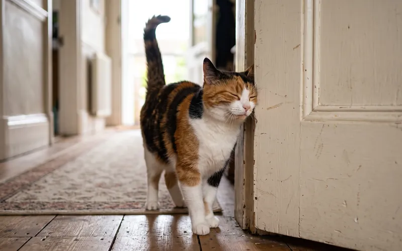 Cat in heat calling loudly at a window, wanting to go outside
