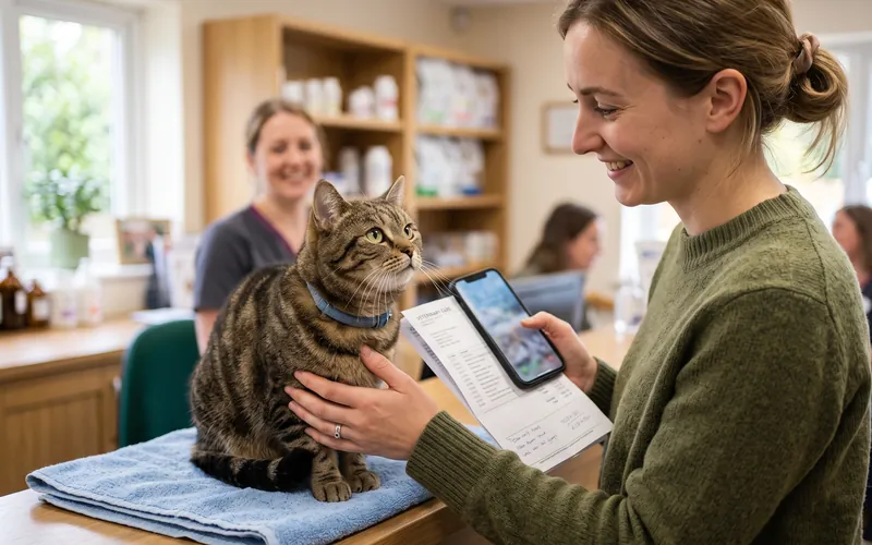 Cat at the vet with an owner holding a bill, showing why cat insurance matters