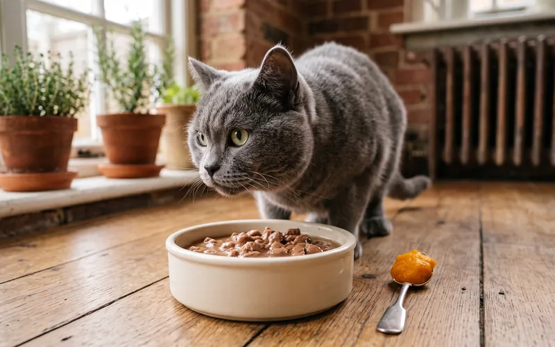 Bowl of wet food with pumpkin puree, a gentle alternative to cat laxatives