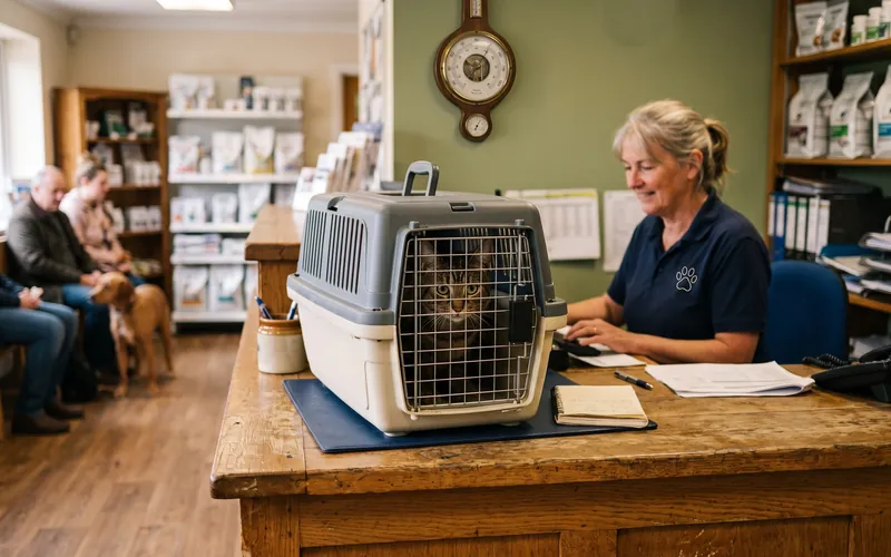 UK vet reception desk with a cat carrier, where owners ask about cat neutering cost