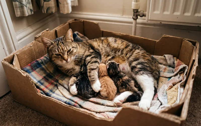 Pregnant cat with pink, enlarged nipples, an early sign of cat pregnancy