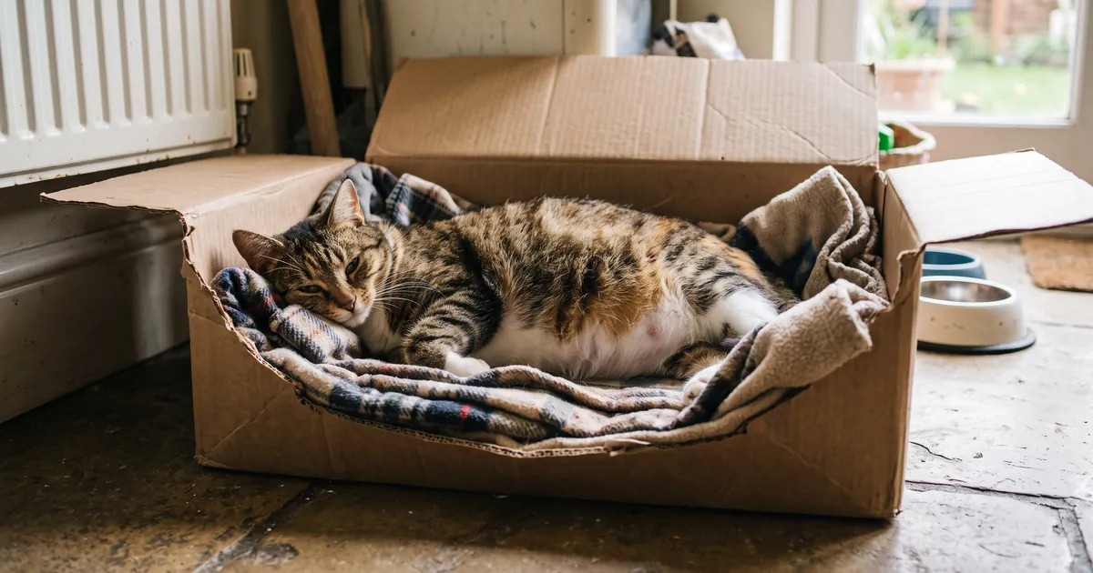 Heavily pregnant tabby cat lying on a blanket during late cat pregnancy