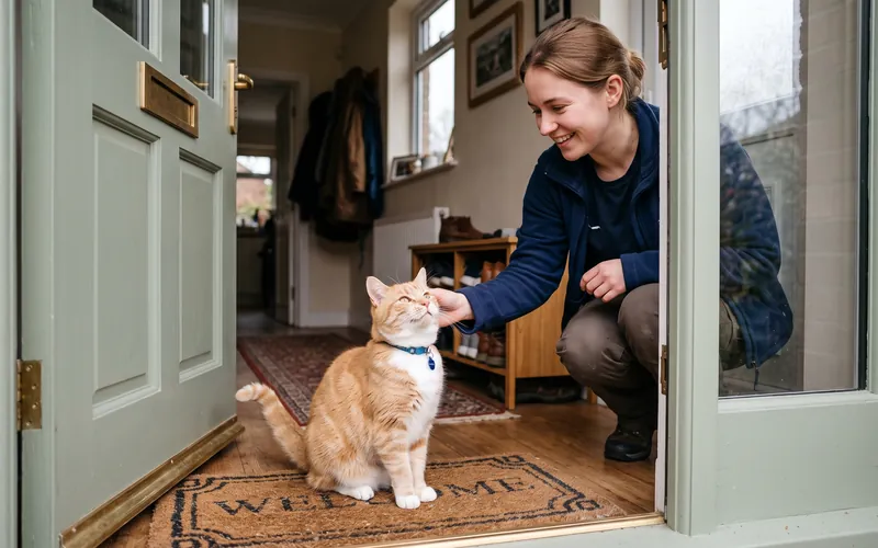 Cat greeting a cat sitter at the front door during a drop-in visit