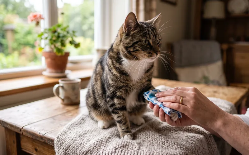 Owner holding a cold compress to the paw of a cat stung by a bee