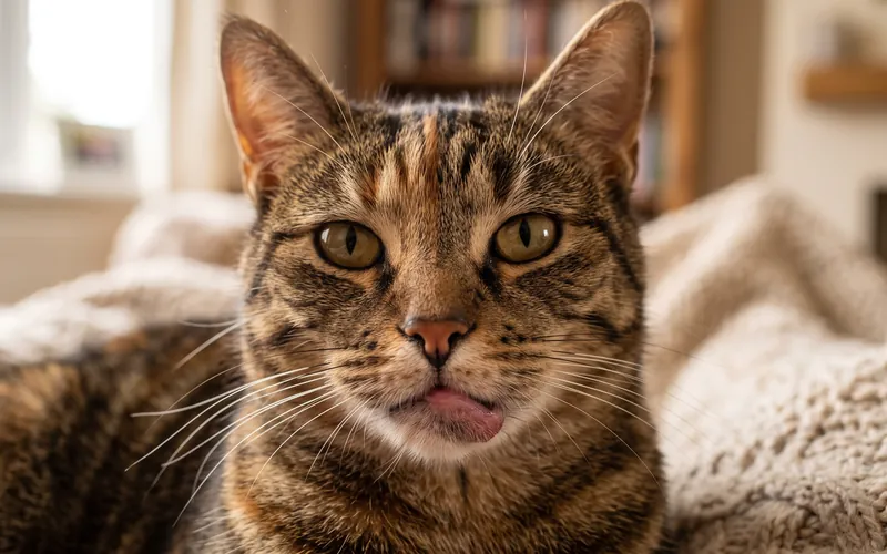 Close-up of a cat's face with a swollen lower lip, a typical cat swollen lip