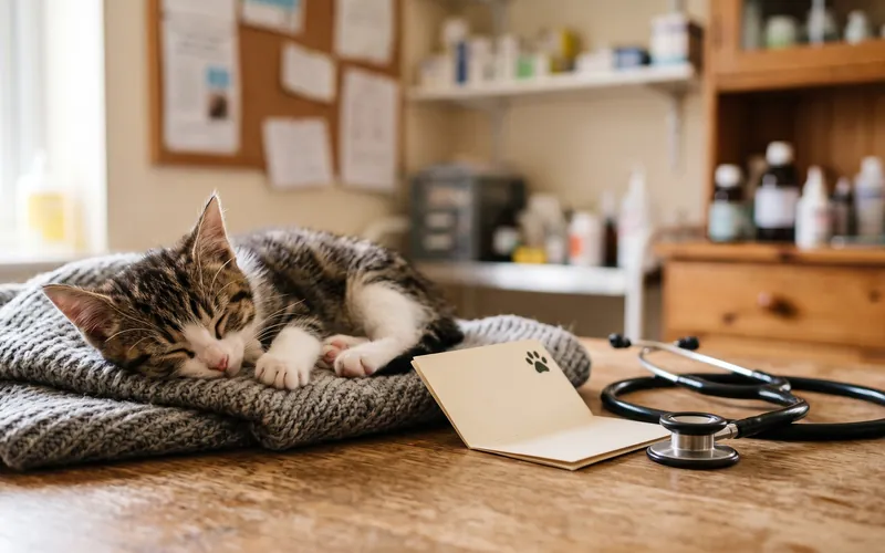 Vaccination record card next to a sleeping kitten, showing the cat vaccinations cost schedule