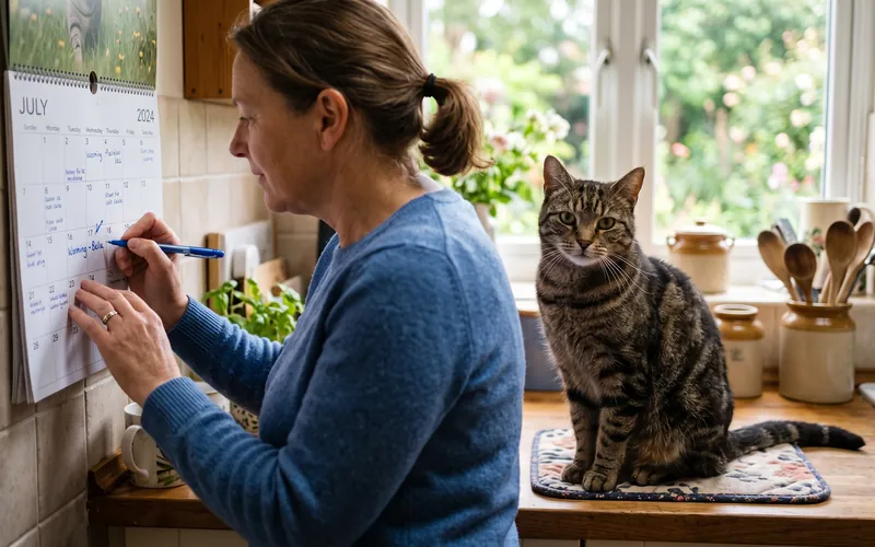 Owner writing a cat worming reminder on a kitchen calendar