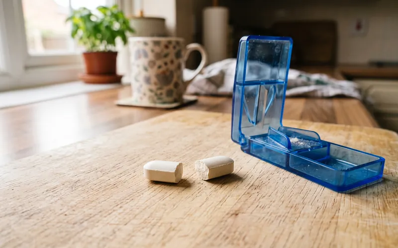 Split cat worming tablets on a chopping board next to a pill splitter