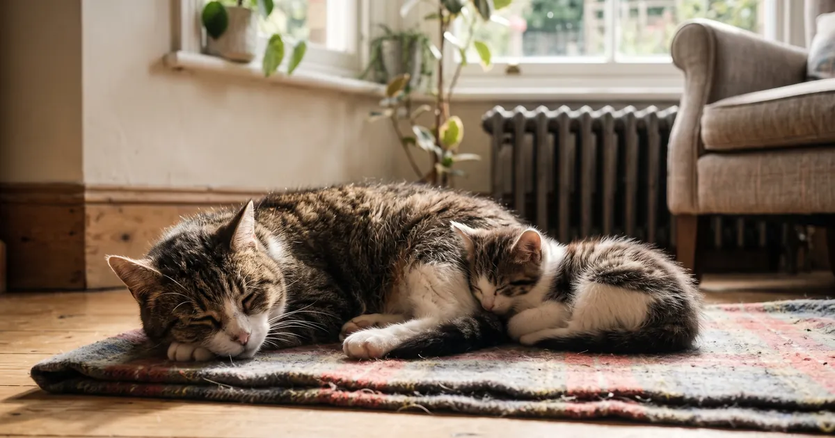 Senior tabby cat and young kitten side by side, illustrating the cat years calculator Senior tabby cat and young kitten side by side, illustrating the cat years calculator