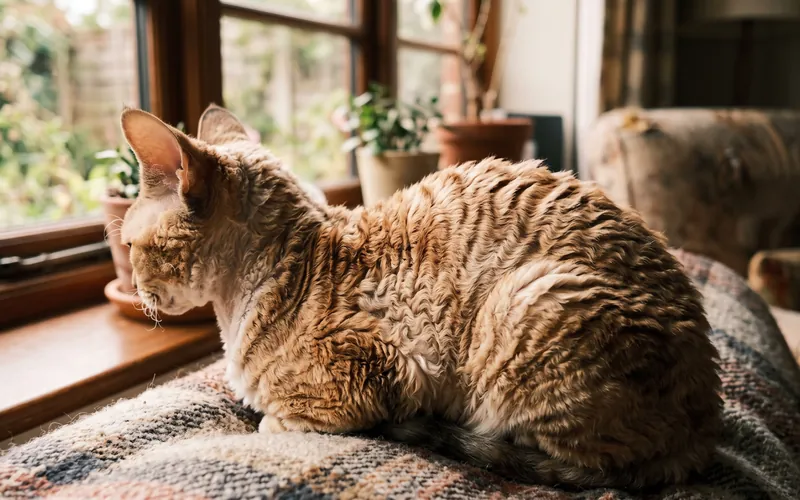 Devon Rex with a wavy coat lying on a windowsill cushion, a playful indoor cat breed