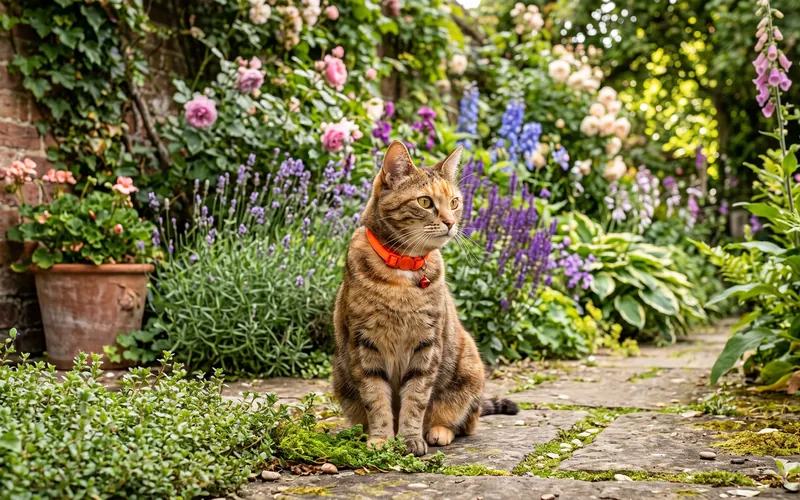 Cat wearing a bright breakaway collar in a garden to reduce how often cats kill birds