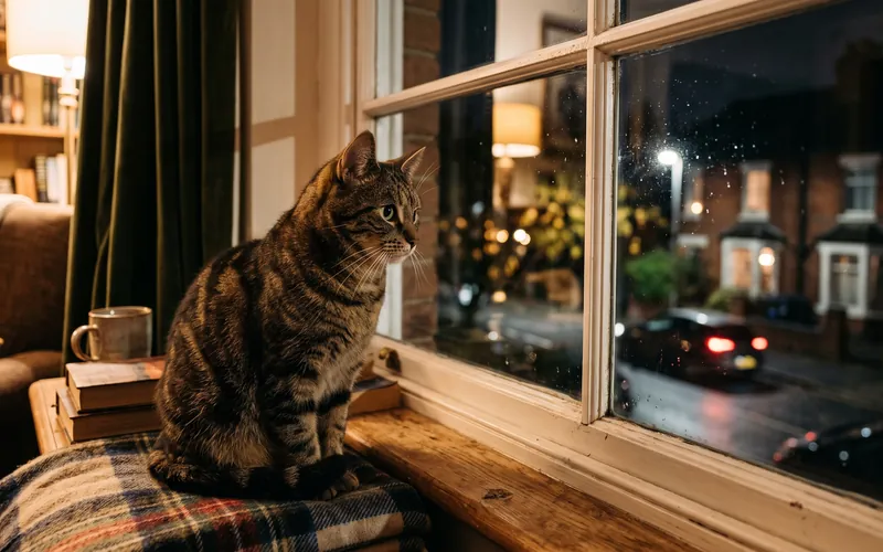 Cat safely indoors looking out of a window at night, protected from foxes and badgers