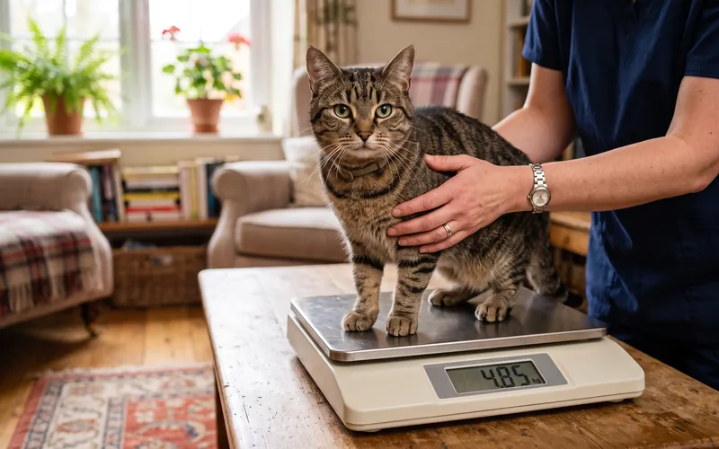Cat being weighed on veterinary scales to choose the right Dronspot for cats size