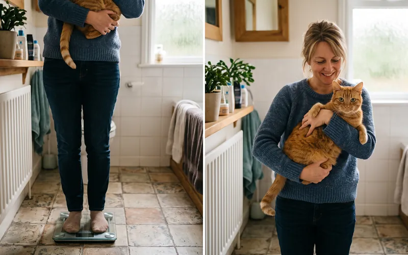 Owner weighing themselves with and without their cat to work out the Drontal for cats dose