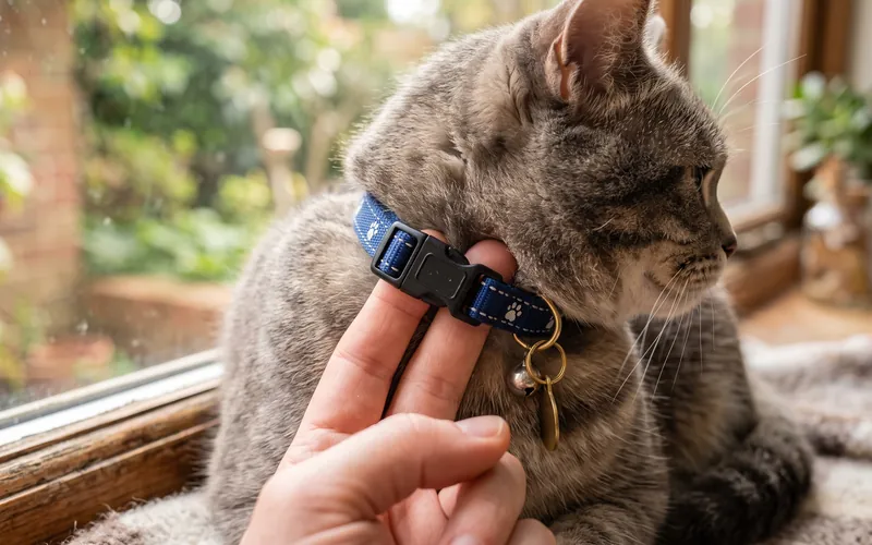 Two fingers checking the fit of flea collars for cats with a safety buckle