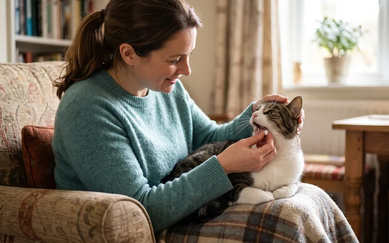 Owner gently giving one of the flea tablets for cats by mouth to a calm cat