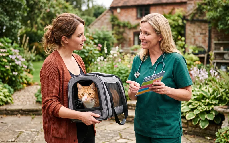 Vet explaining a flea and wormer for cats prevention plan to an owner