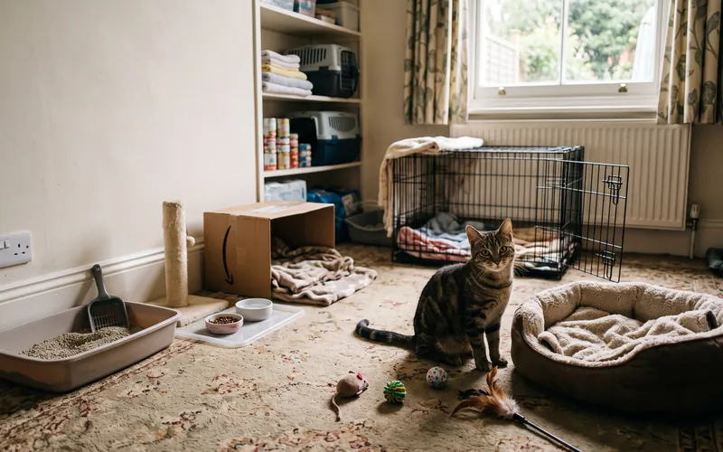 Foster cat mother nursing her kittens in a box in a foster carer's home