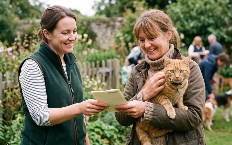Volunteer handing an owner a free cat neutering voucher leaflet at a community clinic