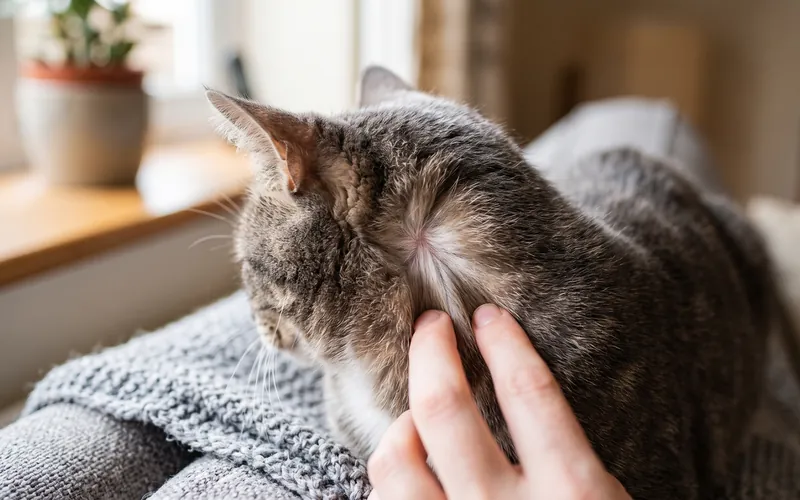 Parted fur at the base of a cat's skull showing where to apply Frontline for cats